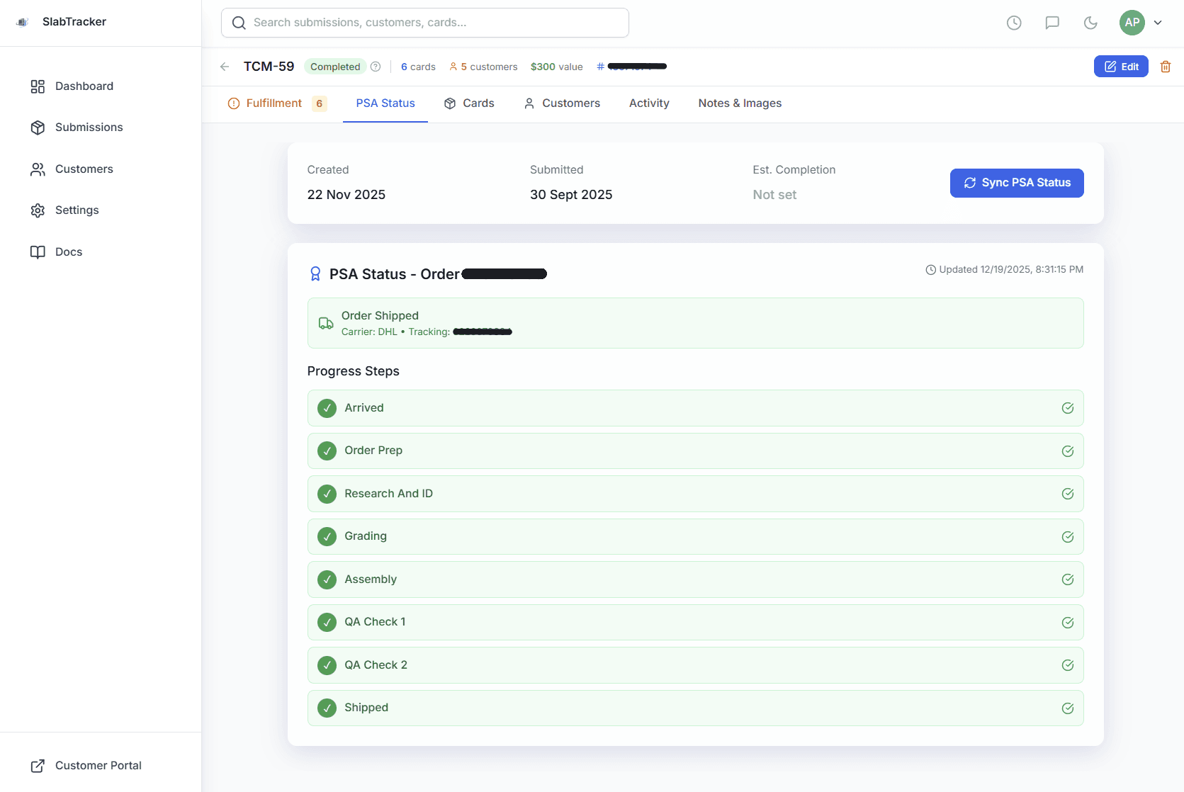 SlabTracker PSA status tracking